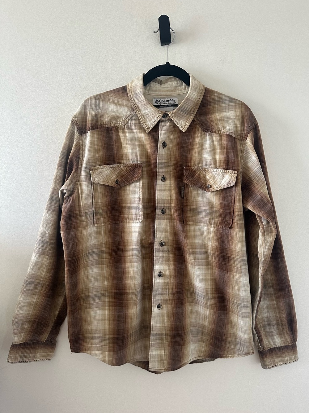 Columbia Men’s Brown and Tan Plaid Cotton Button Down Long Sleeve Shirt Size L